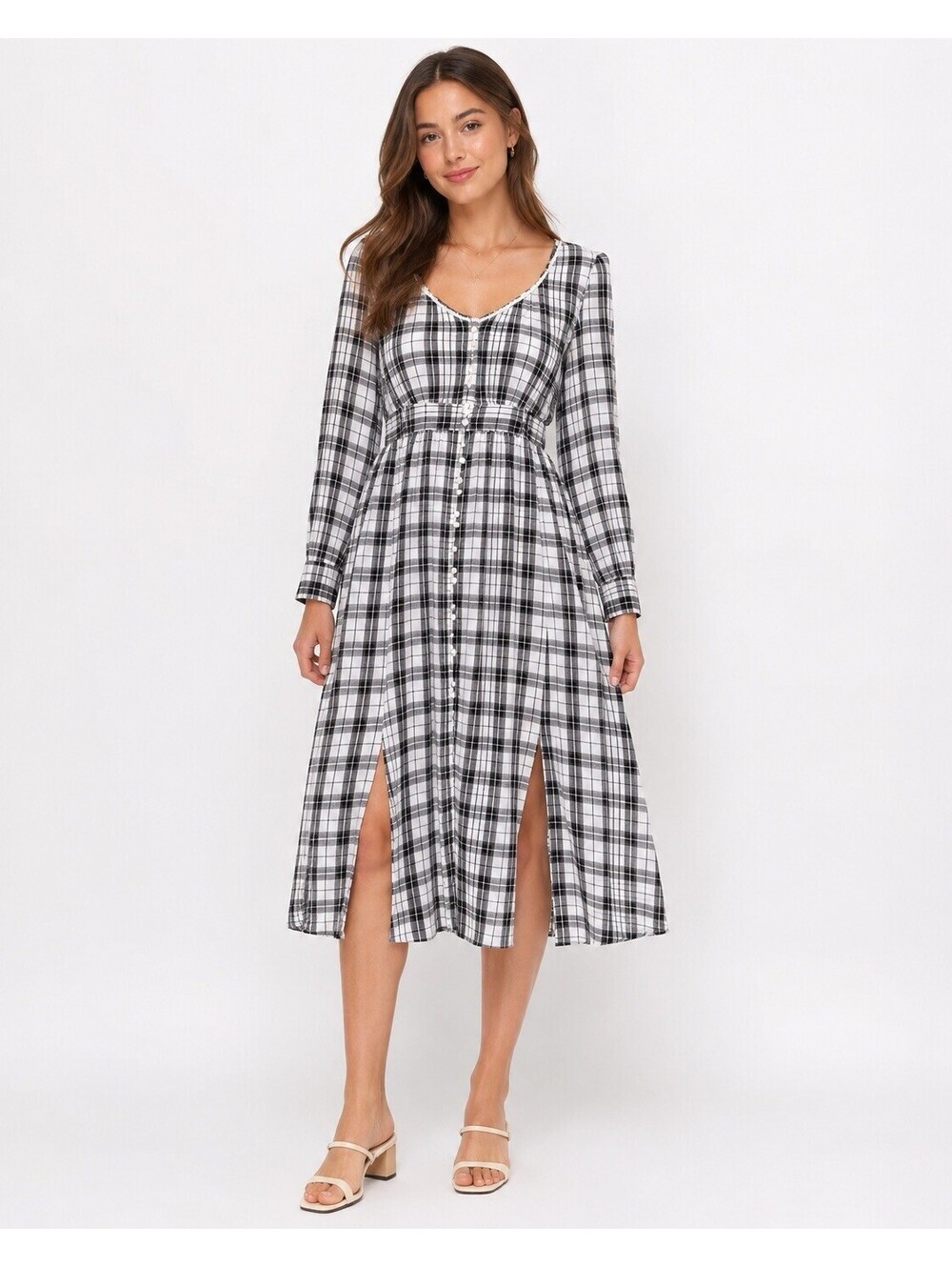 American Rag Cie Plaid Midi Dress Size L Black White Button Front Boho Y2K